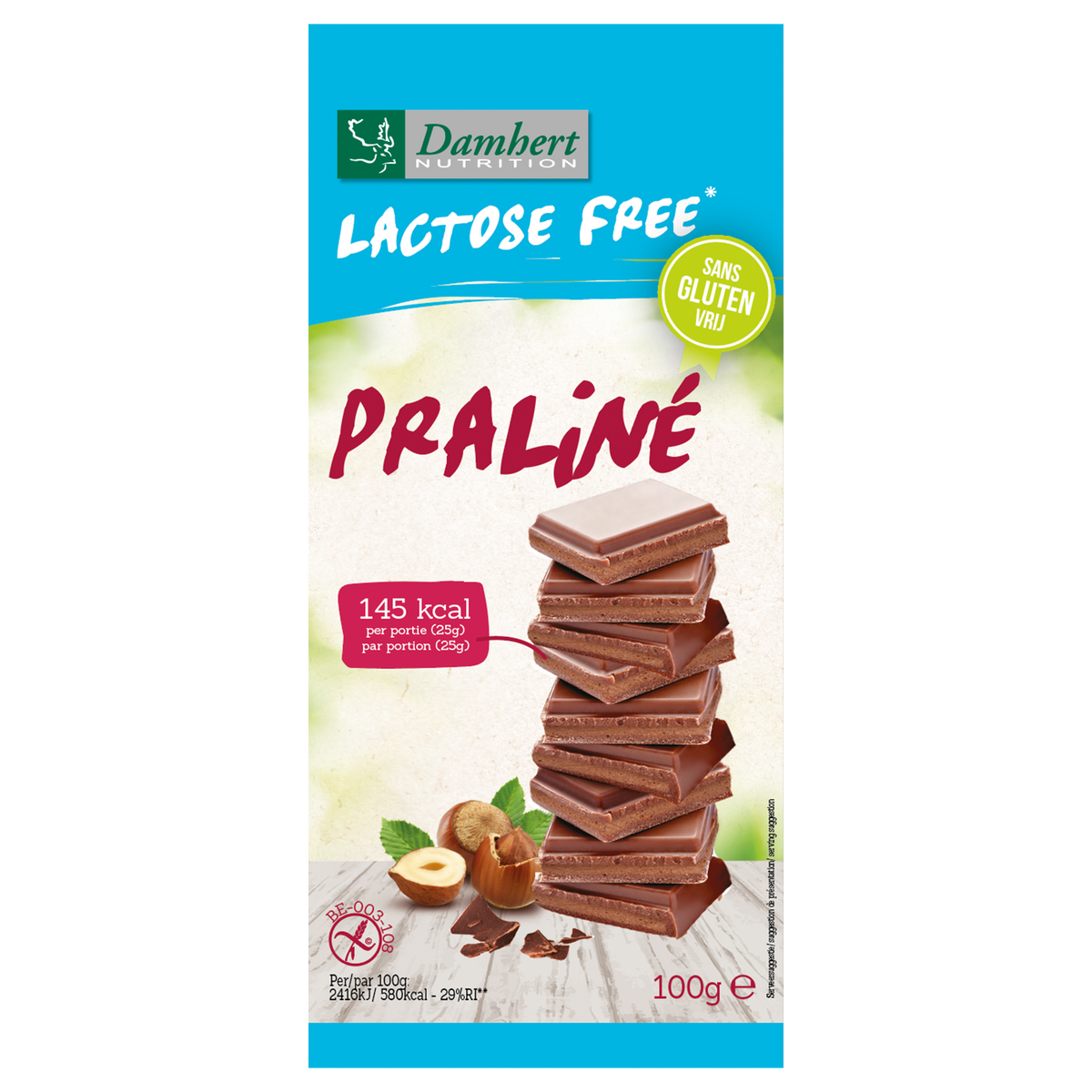 Damhert Chocoladetablet praline glutenvrij en lactosevrij 100.00 Gram