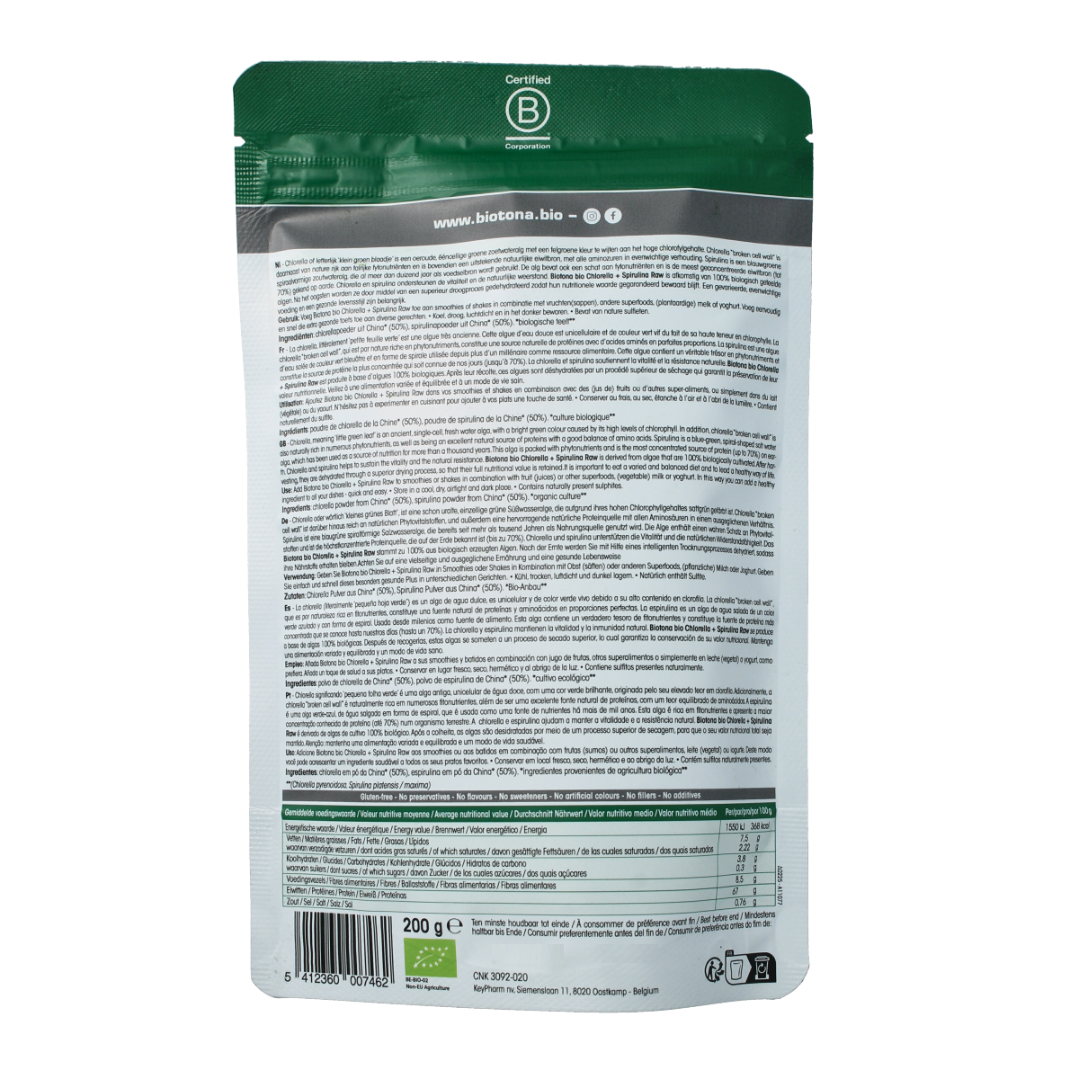 Biotona Chlorella & spirulina raw powder bio 200.00 Gram