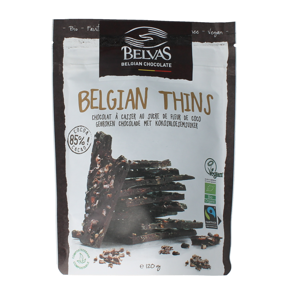 Belvas Thins dark 85% met kokosbloesemsuiker bio 120.00 Gram