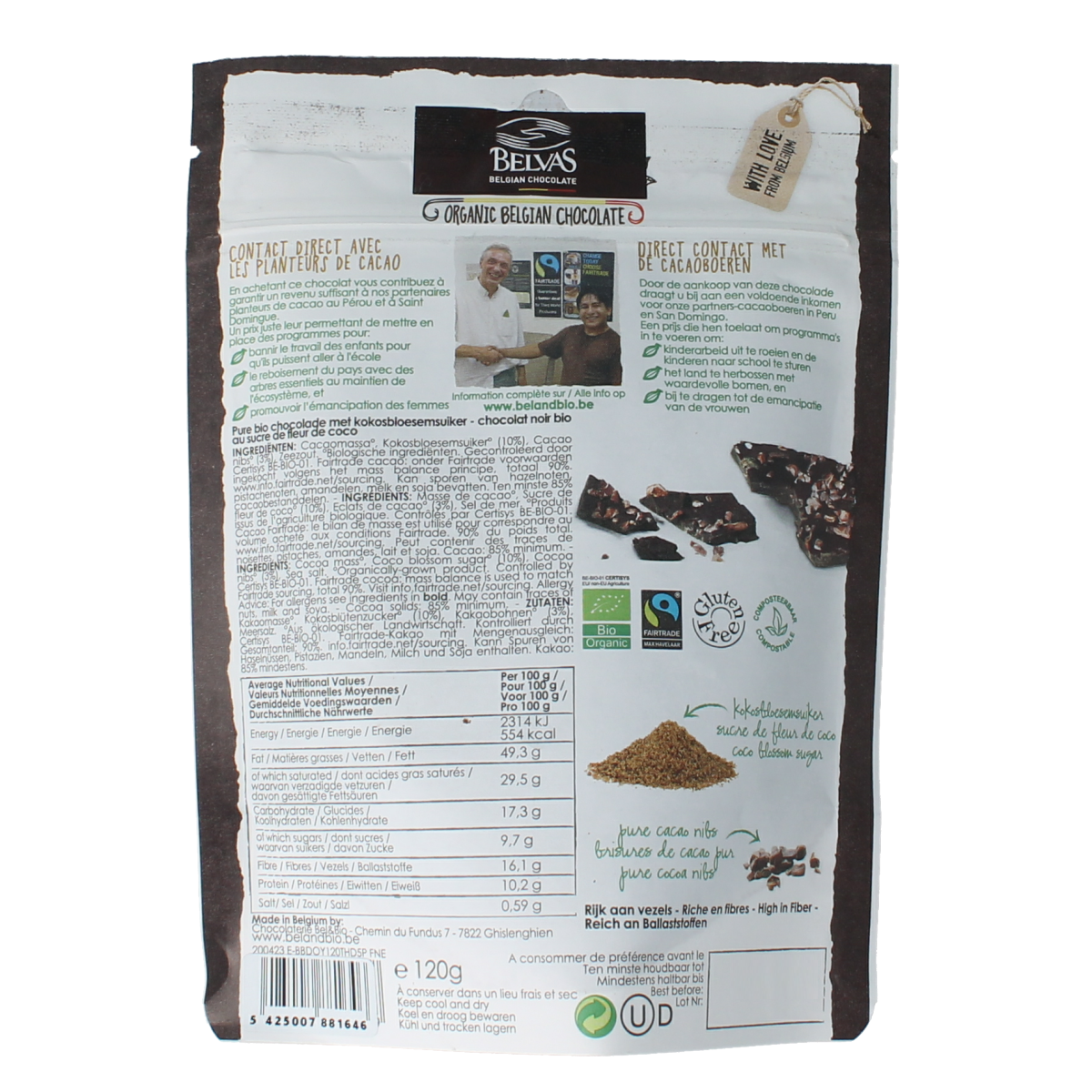 Belvas Thins dark 85% met kokosbloesemsuiker bio 120.00 Gram