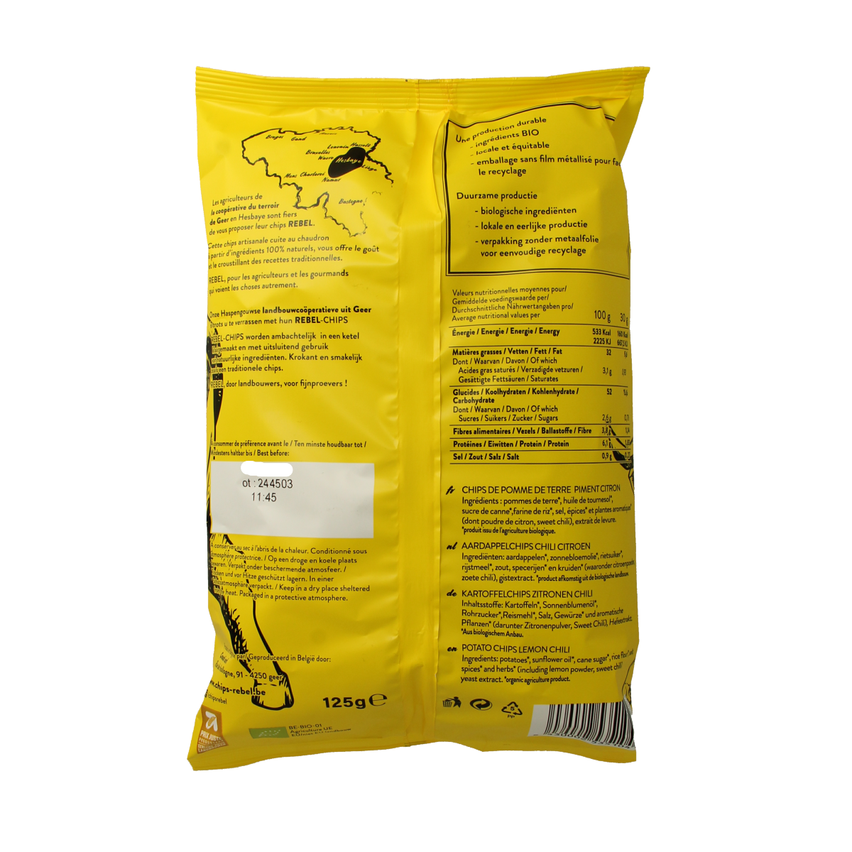 reBEL Aardappelchips chili lemon bio 125.00 Gram