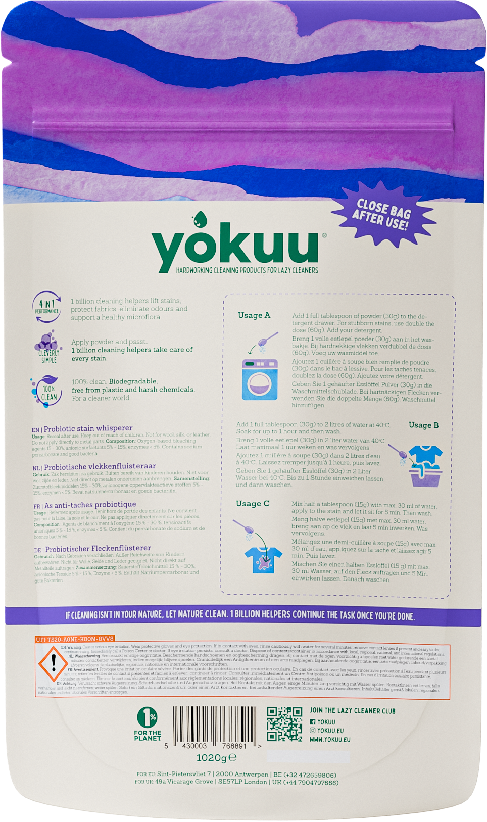 Yokuu 4 in 1 probiotische vlekkenfluisteraar gekl was 1020.00 Gram