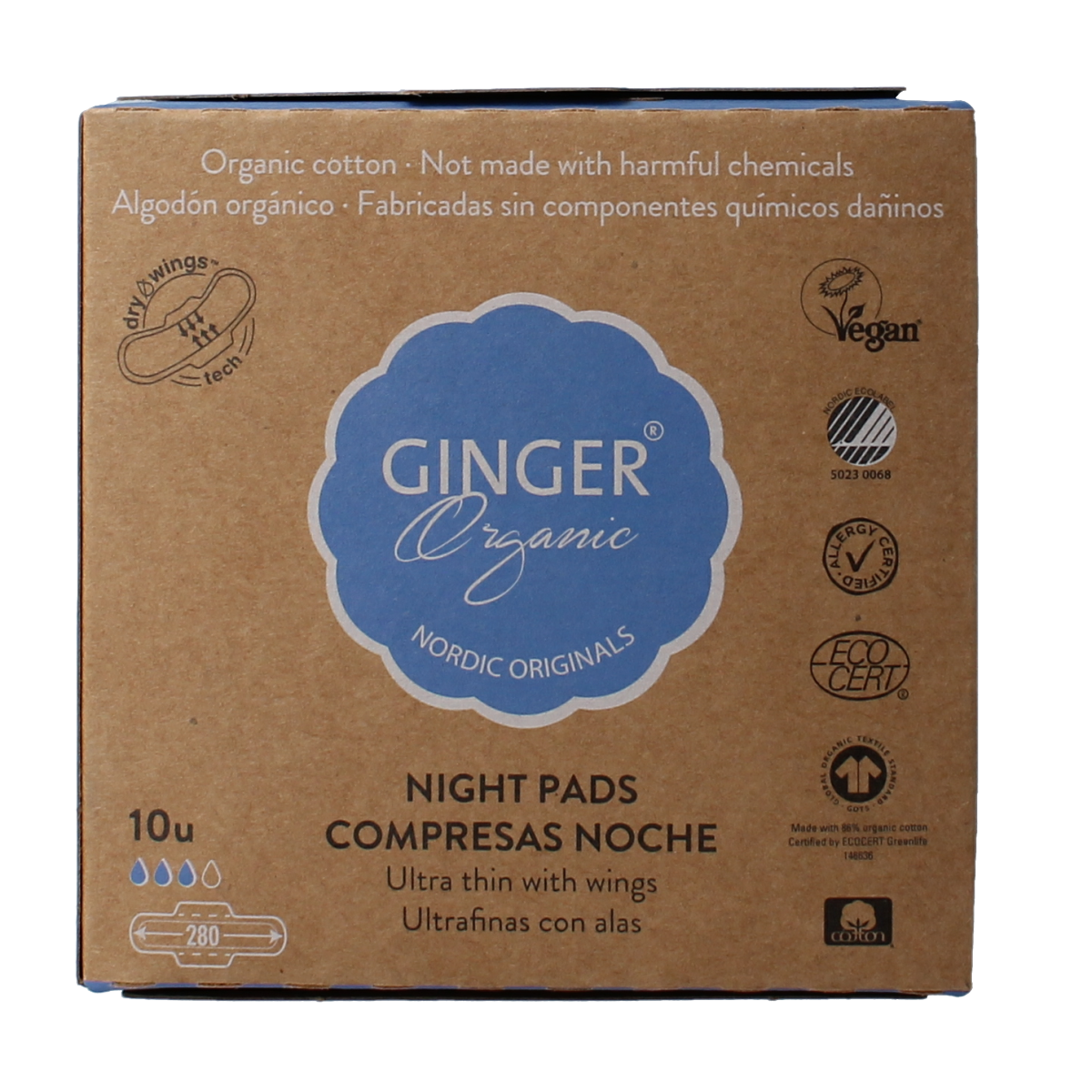 Ginger Organic Maandverband nacht met vleugels 10.00 Stuks