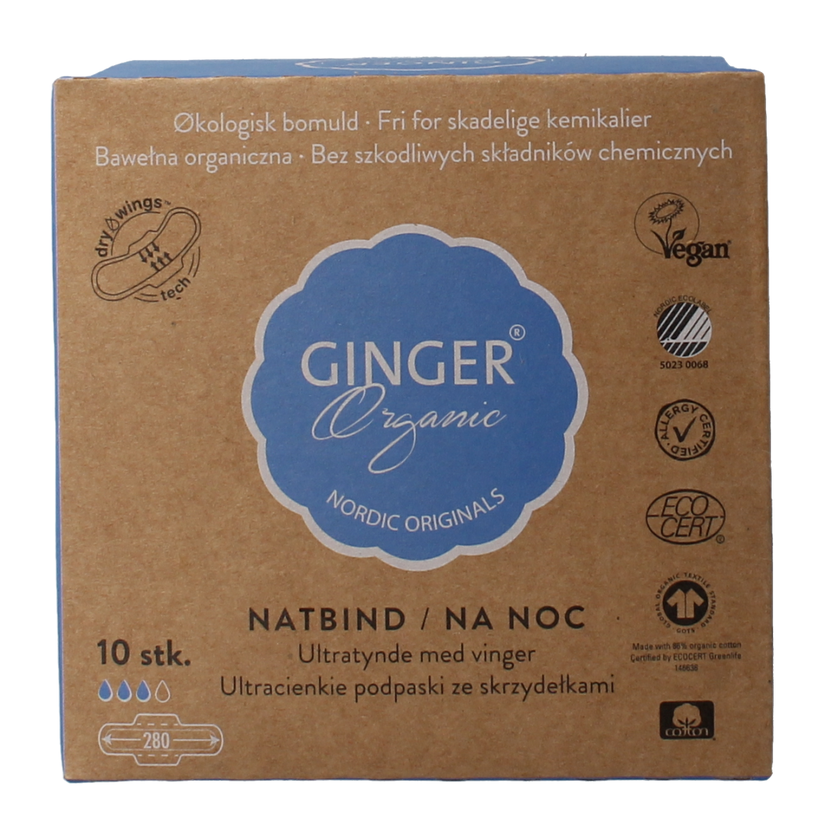 Ginger Organic Maandverband nacht met vleugels 10.00 Stuks