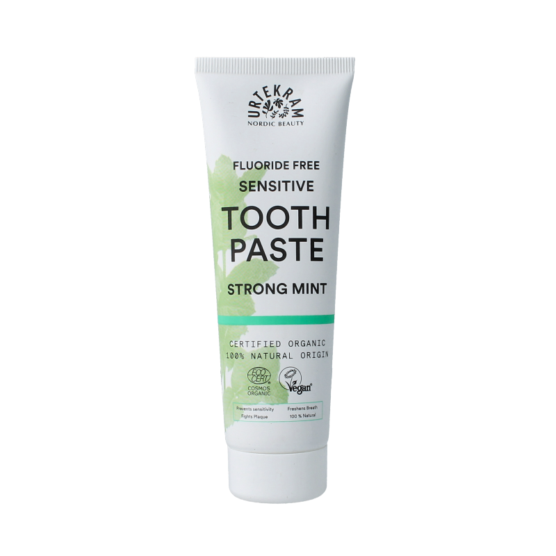 Urtekram Tandpasta sensitive strong mint fluoridevrij 75 Milliliter