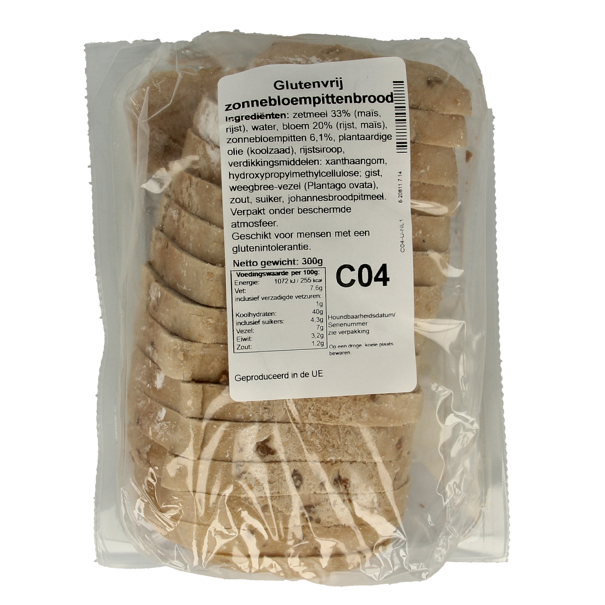 Bezgluten Zonnebloempittenbrood gesneden glutenvrij 300.00 Gram
