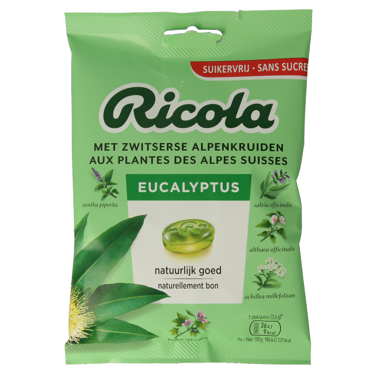 Ricola Eucalyptus suikervrij 75.00 Gram