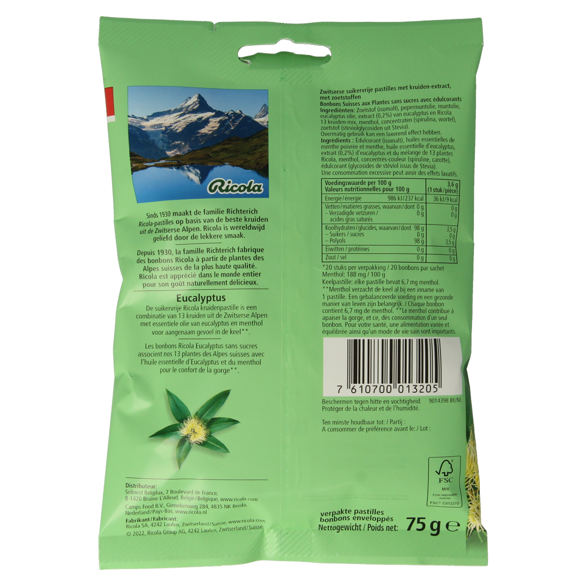 Ricola Eucalyptus suikervrij 75.00 Gram