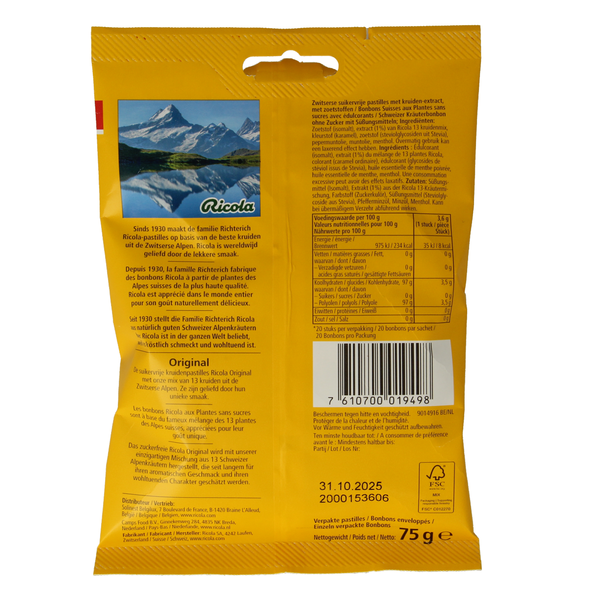 Ricola Original suikervrij 75.00 Gram