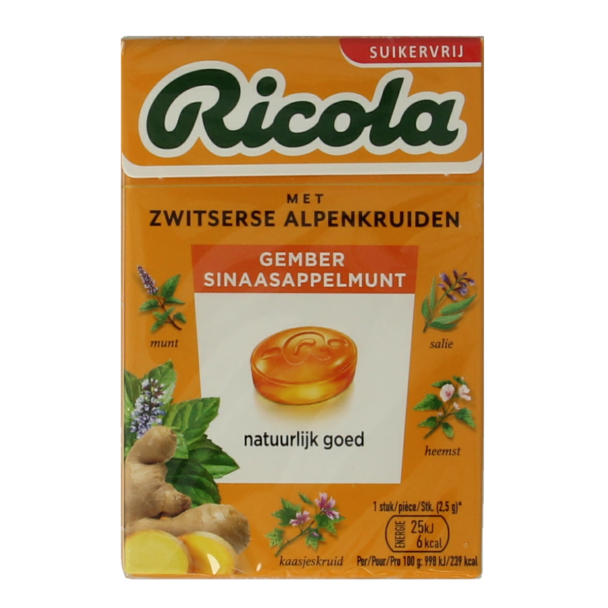 Ricola Gember sinaasappelmunt suikervrij 50.00 Gram