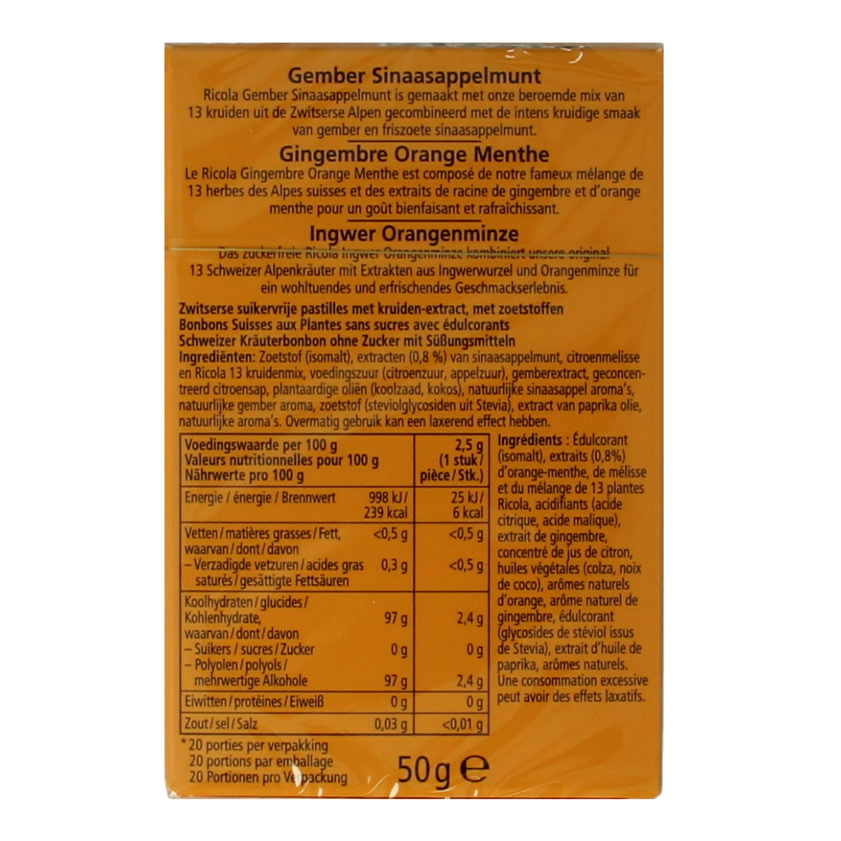 Ricola Gember sinaasappelmunt suikervrij 50.00 Gram