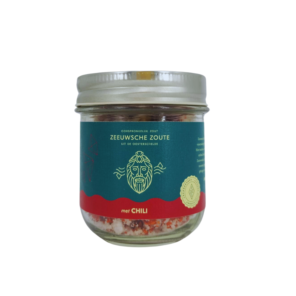 Zeeuwsche Zoute Zout met chili glazen pot 100 Gram