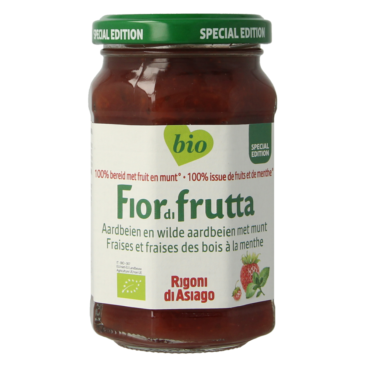Fiordifrutta Aardbeien en wilde aardbeien met munt jam bio 250.00 Gram