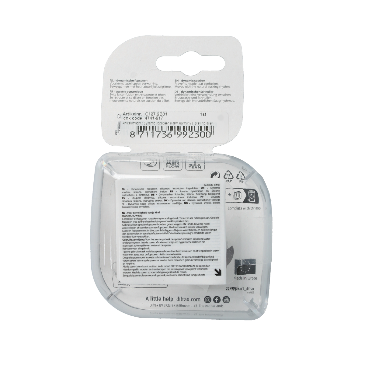 Difrax Fopspeen 6-18 maanden harmony light grey/dark grey 2.00 Stuks