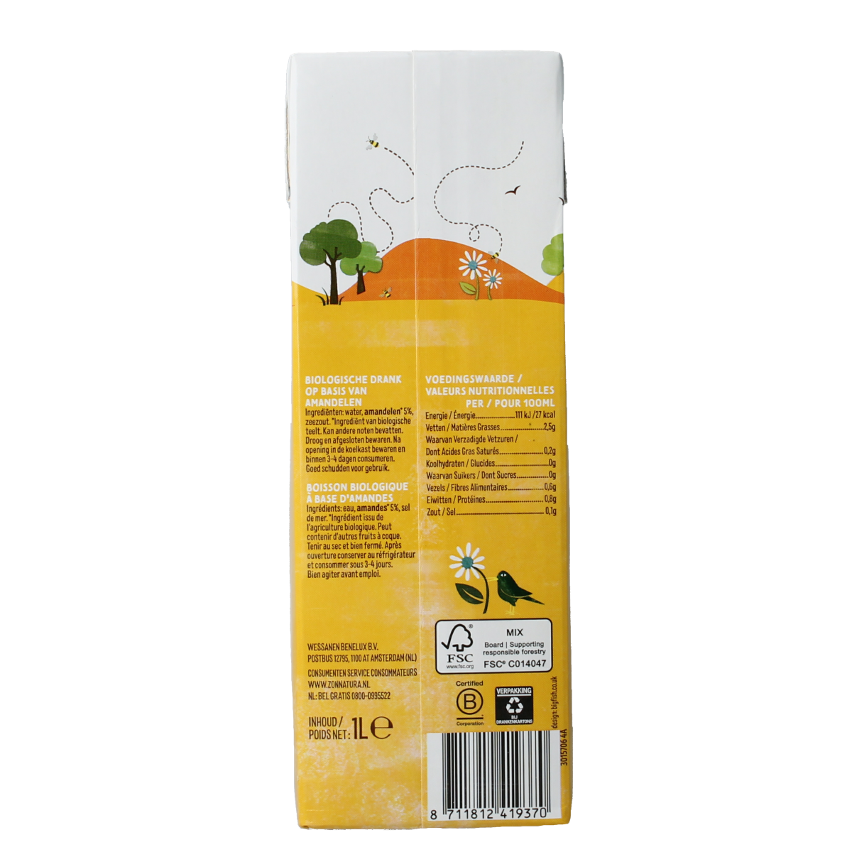 Zonnatura Amandel drink ongezoet bio 1.00 Liter