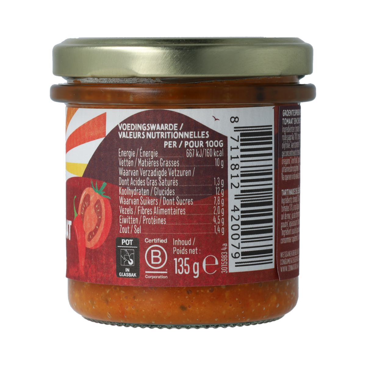 Zonnatura Groentespread spicy tomato bio 135.00 Gram