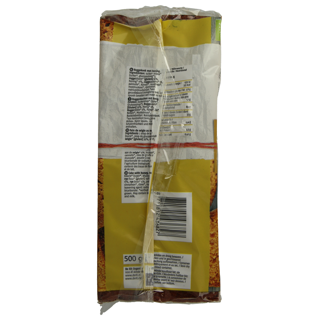 De Rit Volkoren honingkoek bio 500.00 Gram