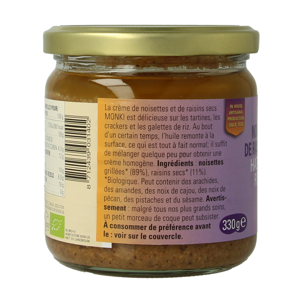 Monki Hazelnoten-rozijnenpasta eko bio 330.00 Gram