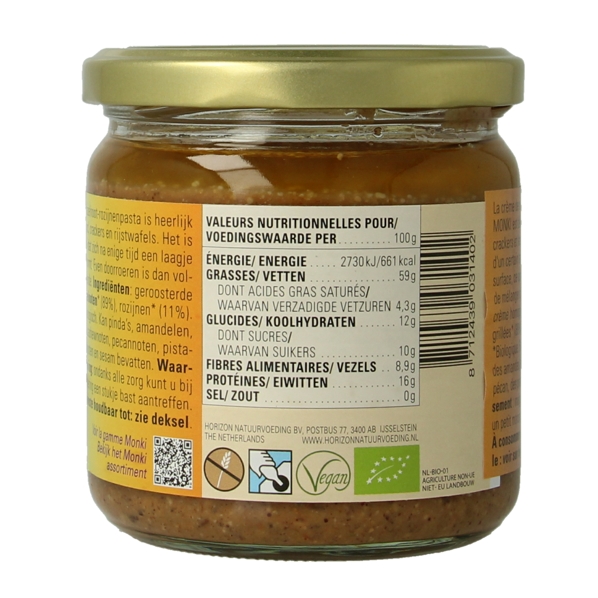 Monki Hazelnoten-rozijnenpasta eko bio 330.00 Gram