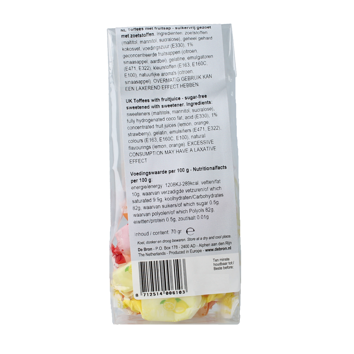 De Bron Fruit toffee suikervrij 70.00 Gram