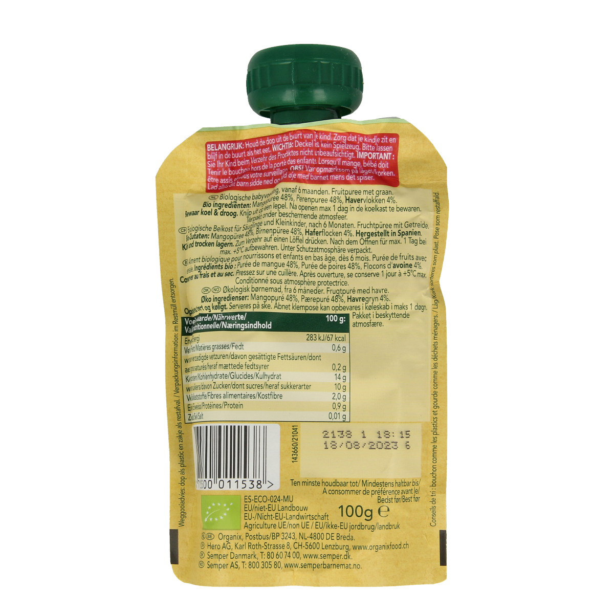 Organix Knijpfruit  mango, peer & granola 6+ mnd  bio 100.00 Gram