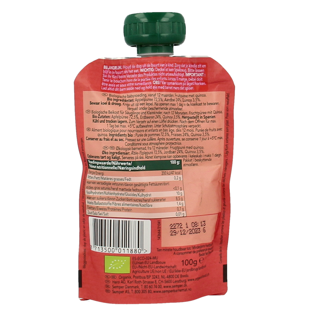 Organix Knijpfruit appel, aardbei & quinoa 12 maanden bio 100.00 Gram