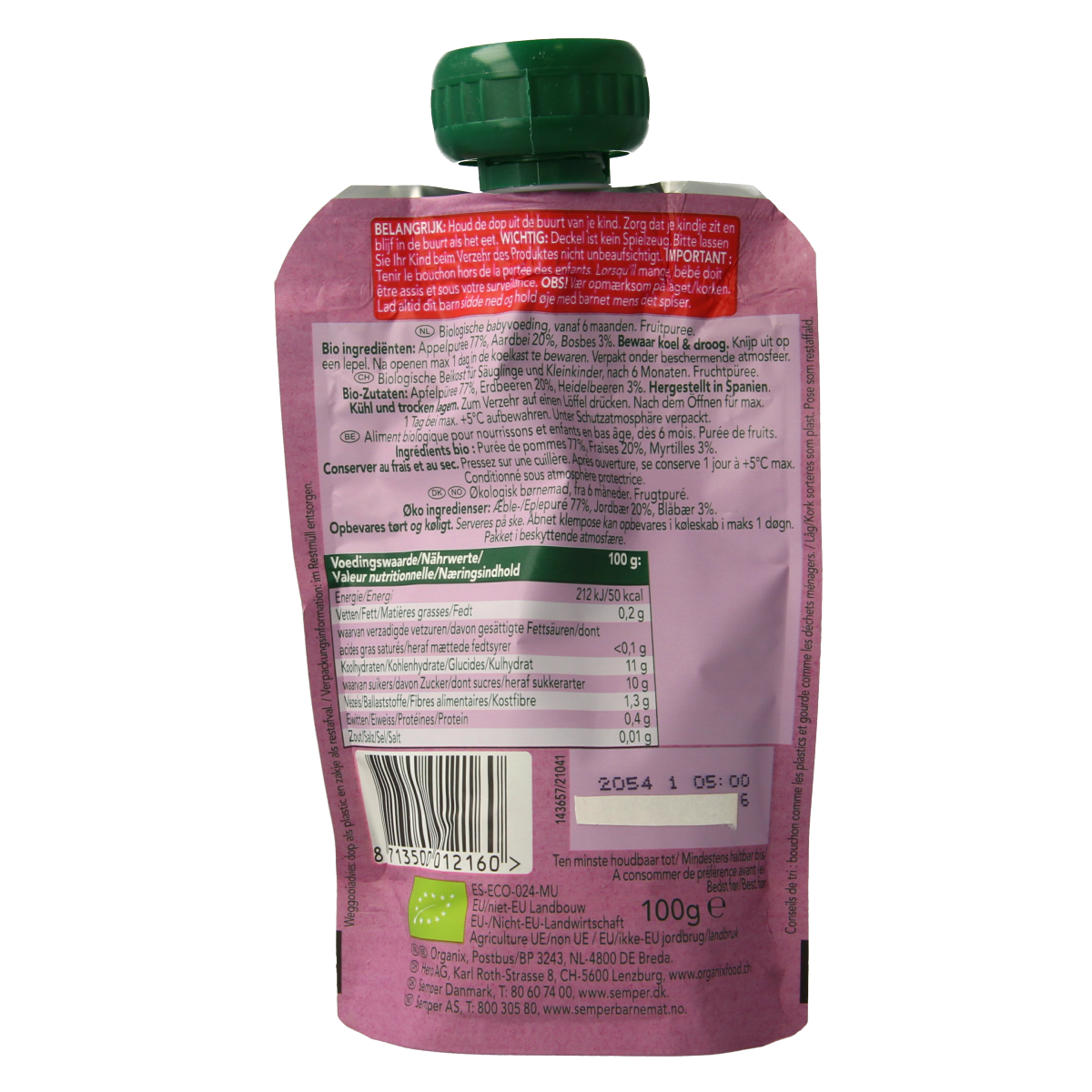 Organix Knijpfruit appel, aardbei en bosbessen 6+M bio 100.00 Gram