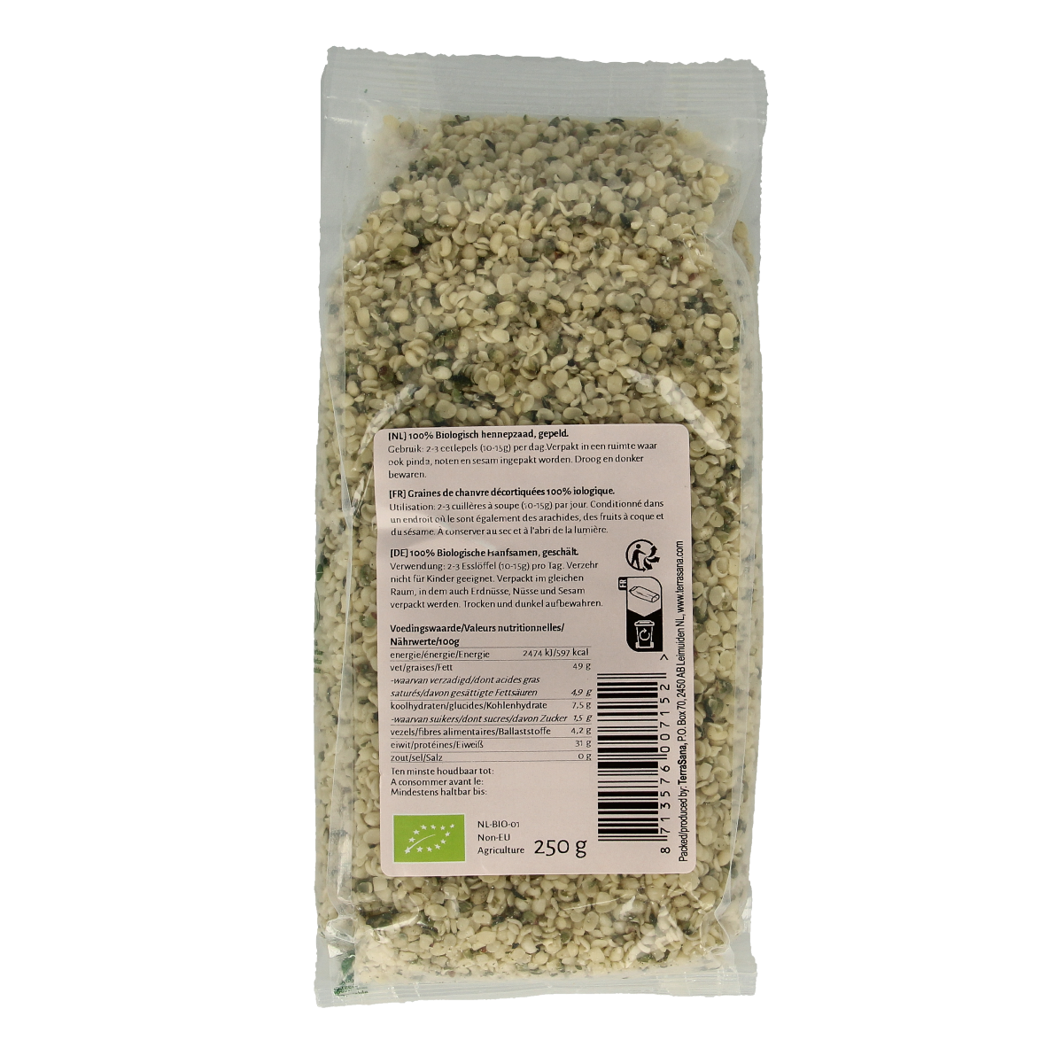 TerraSana RAW Hennepzaad gepeld bio 250.00 Gram