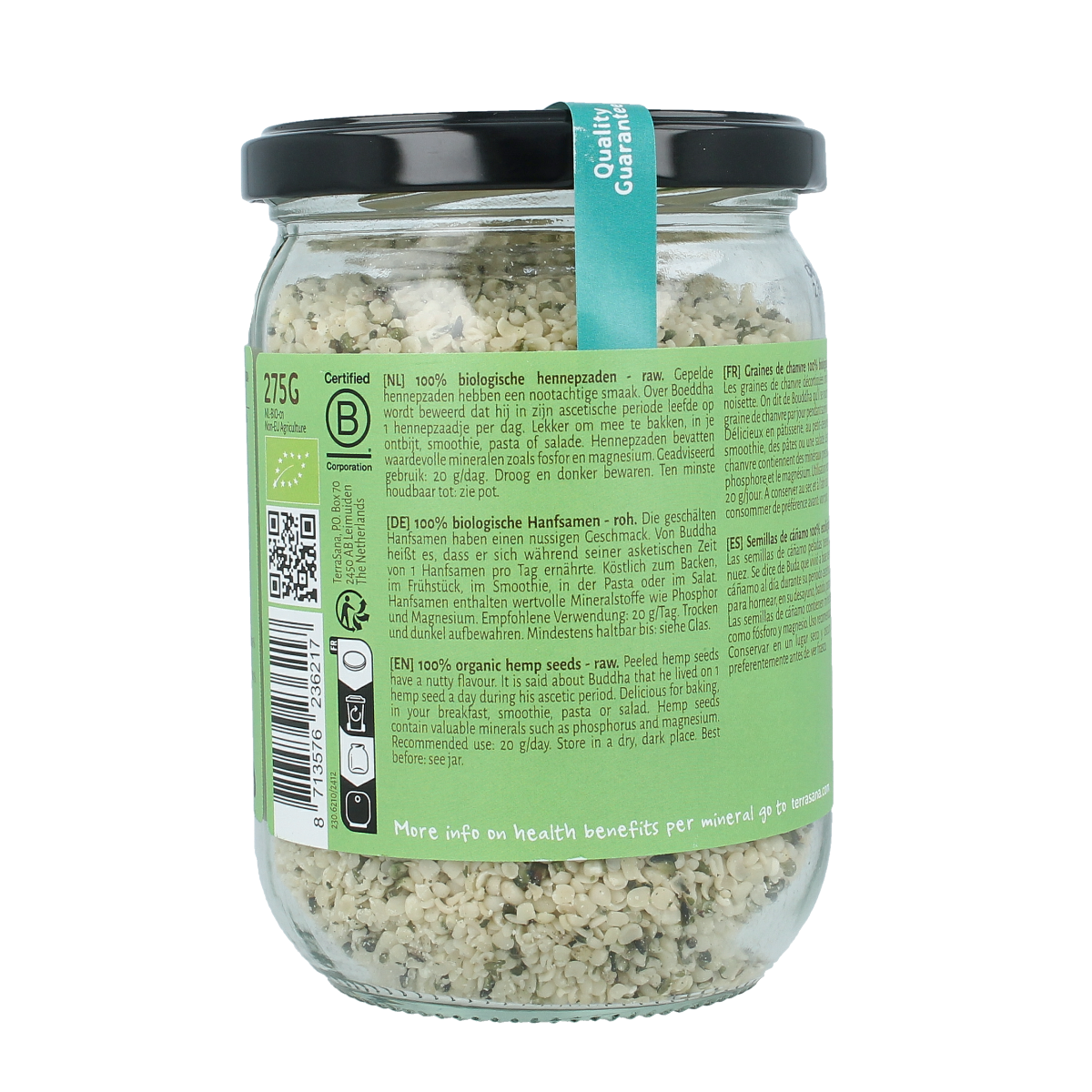 TerraSana RAW Hennepzaad gepeld in glas bio 275.00 Gram