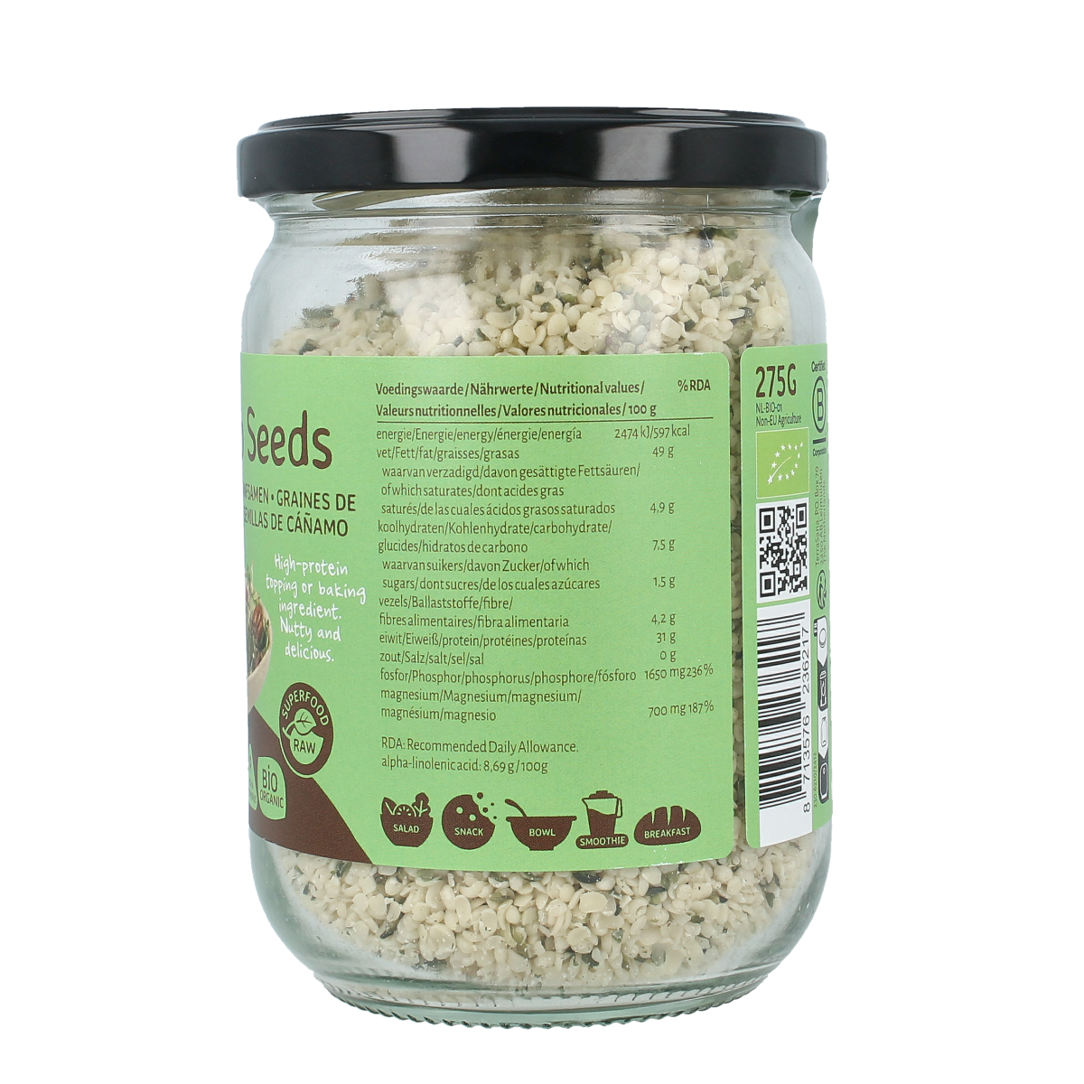 TerraSana RAW Hennepzaad gepeld in glas bio 275.00 Gram