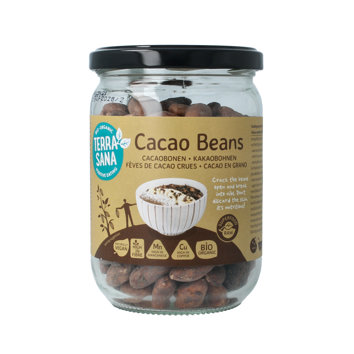 TerraSana Raw cacao bonen in glas bio 250.00 Gram