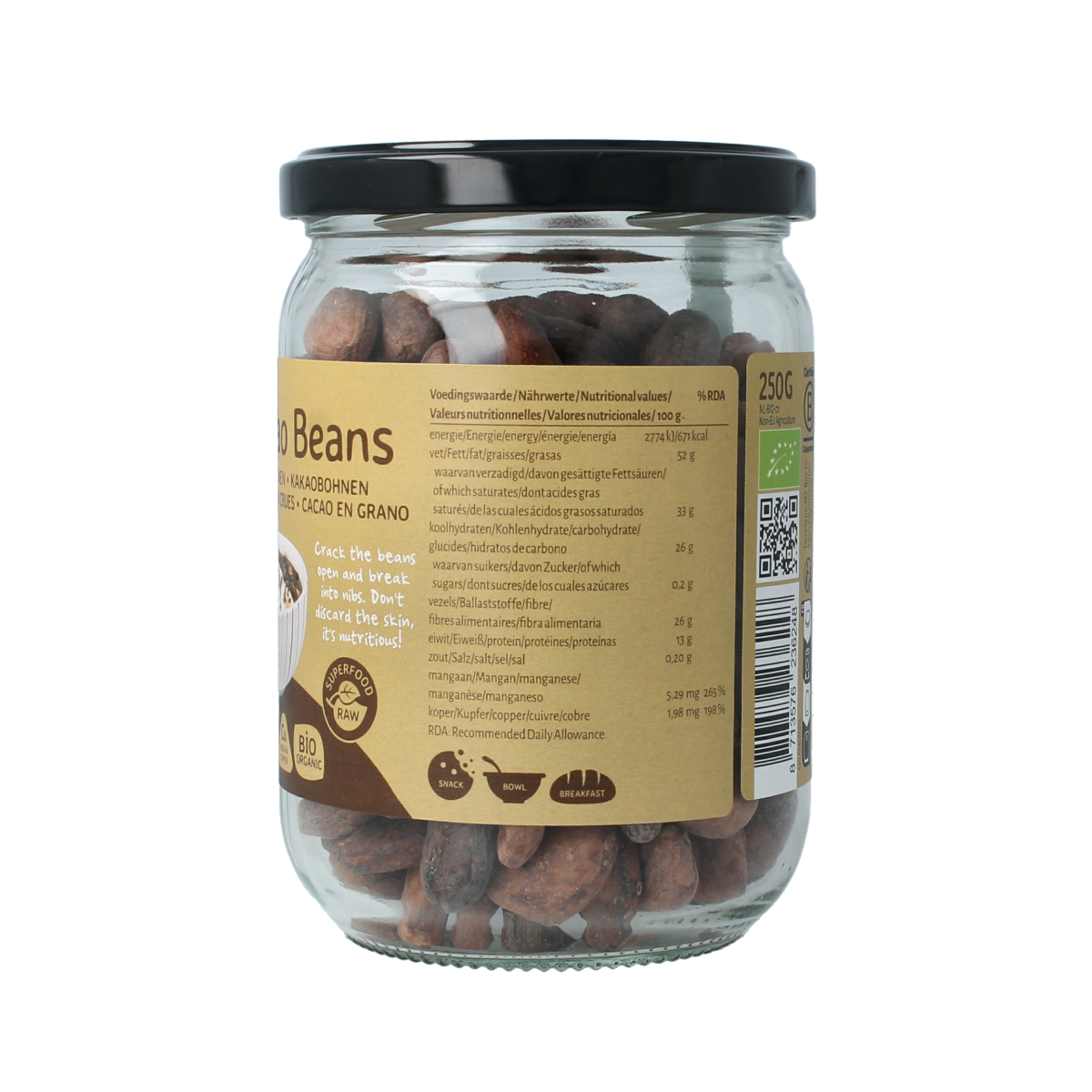 TerraSana Raw cacao bonen in glas bio 250.00 Gram