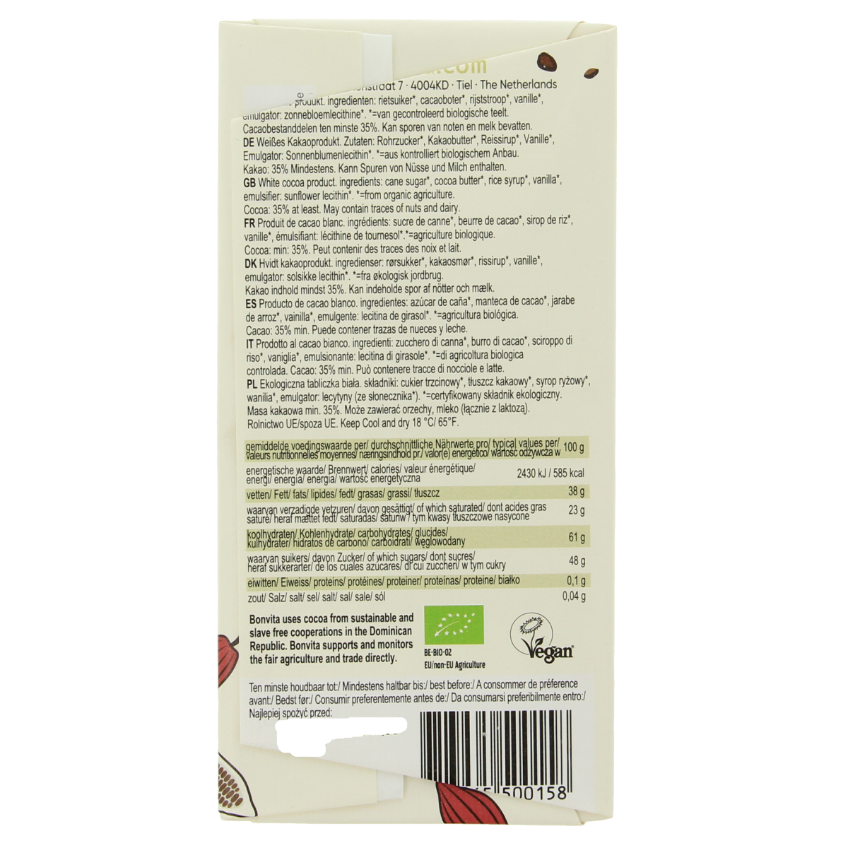 Bonvita Rijstmelk chocolade wit bio 100.00 Gram