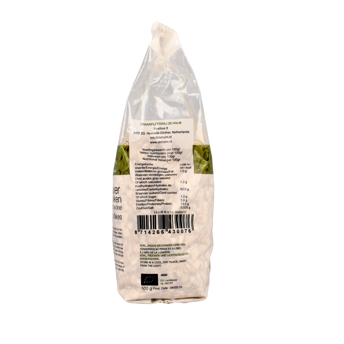 De Halm Havervlokken grof bio 500.00 Gram