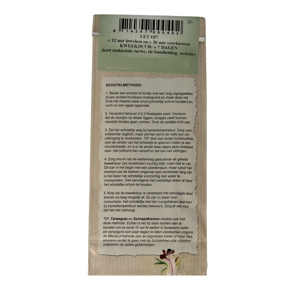 Peuleschil Tarwegras zaad bio 150.00 Gram