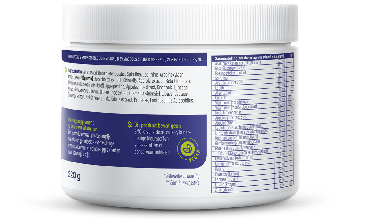 Vitakruid Super Greens 25 nutrienten oa probiotica & enzymen 220.00 Gram