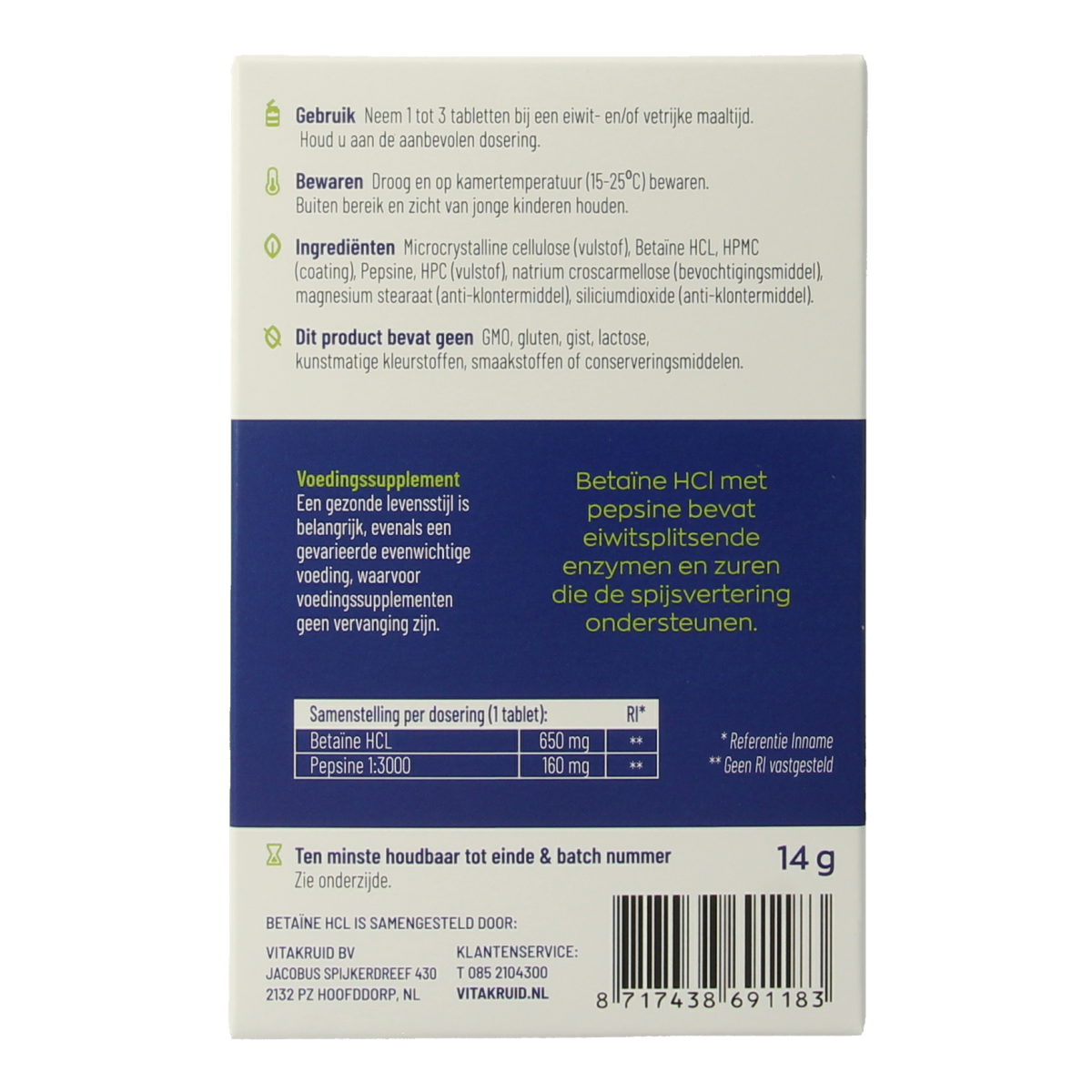 Vitakruid Betaine HCL 650mg & pepsine 160mg testkit 10.00 Tabletten