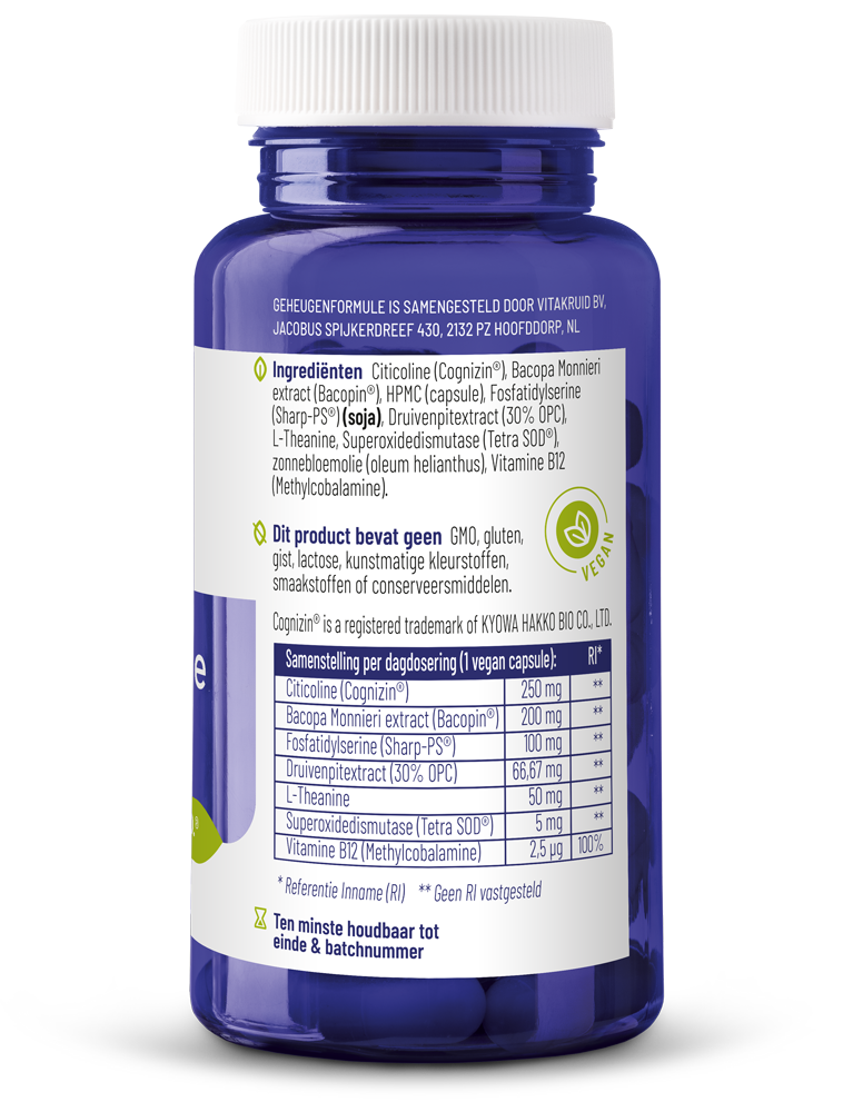 Vitakruid Geheugenformule oa Bacopa monnieri Citicoline OPC 60.00 Vegetarische capsules