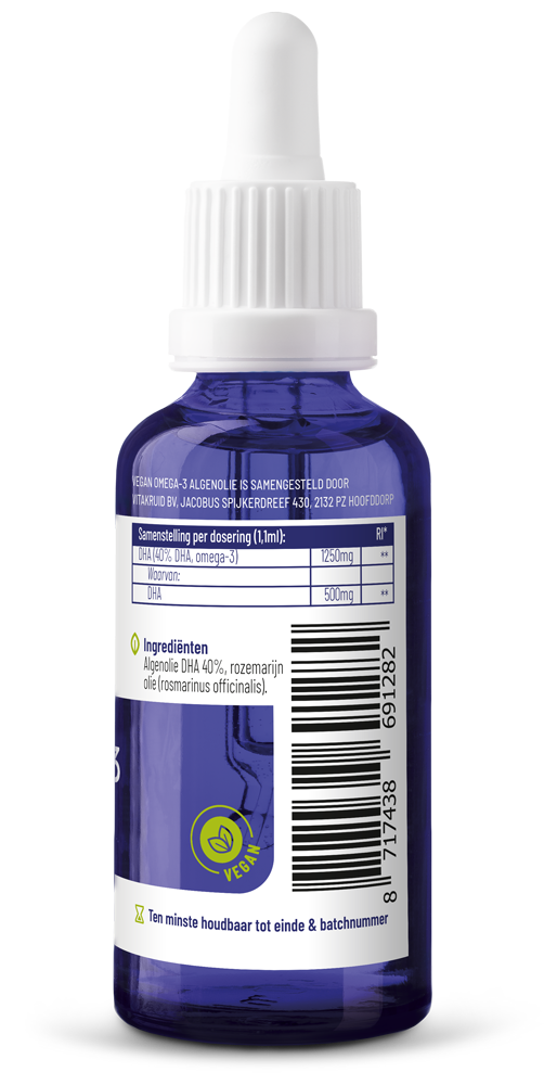 Vitakruid Vegan Omega 3 algenolie 1250 tryglyceriden 500 DHA 50.00 Milliliter