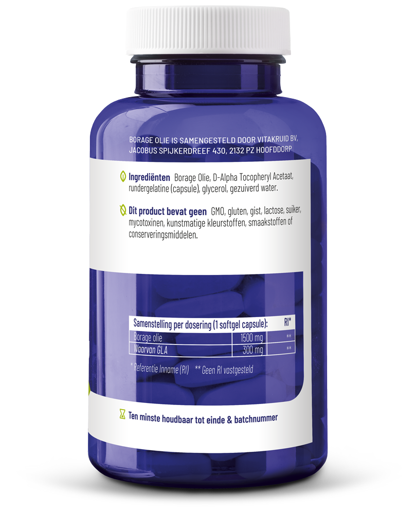 Vitakruid Borage Olie 1500mg GLA 300mg uit plantaardige bron 60.00 Softgels