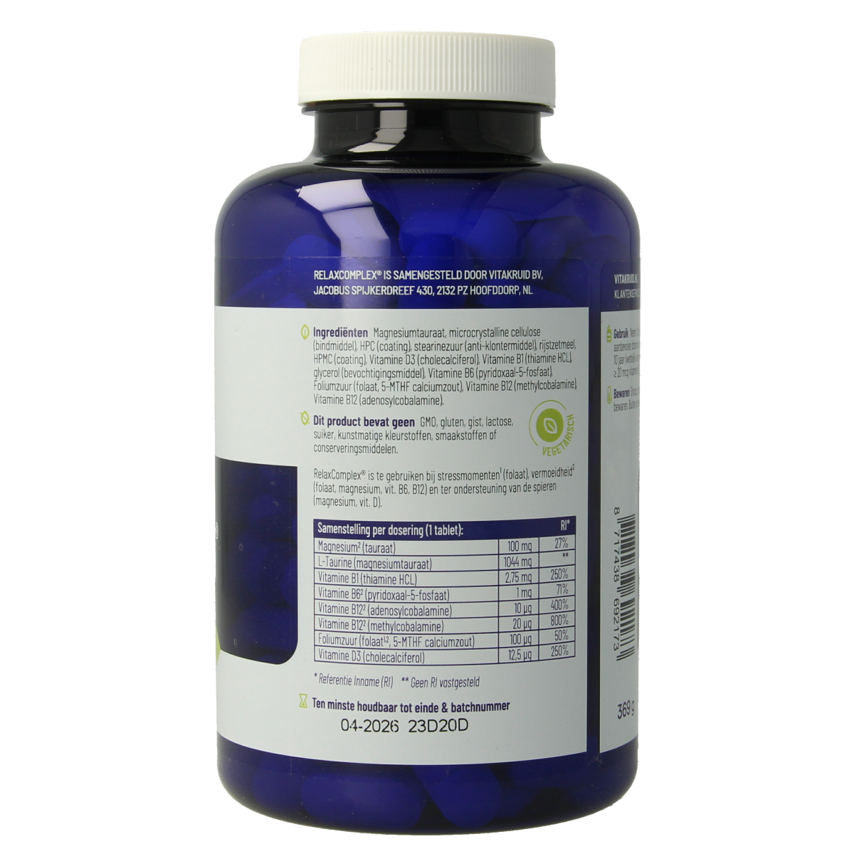 Vitakruid RelaxComplex oa Magnesium Tauraat & Vitamine D3 180.00 Tabletten