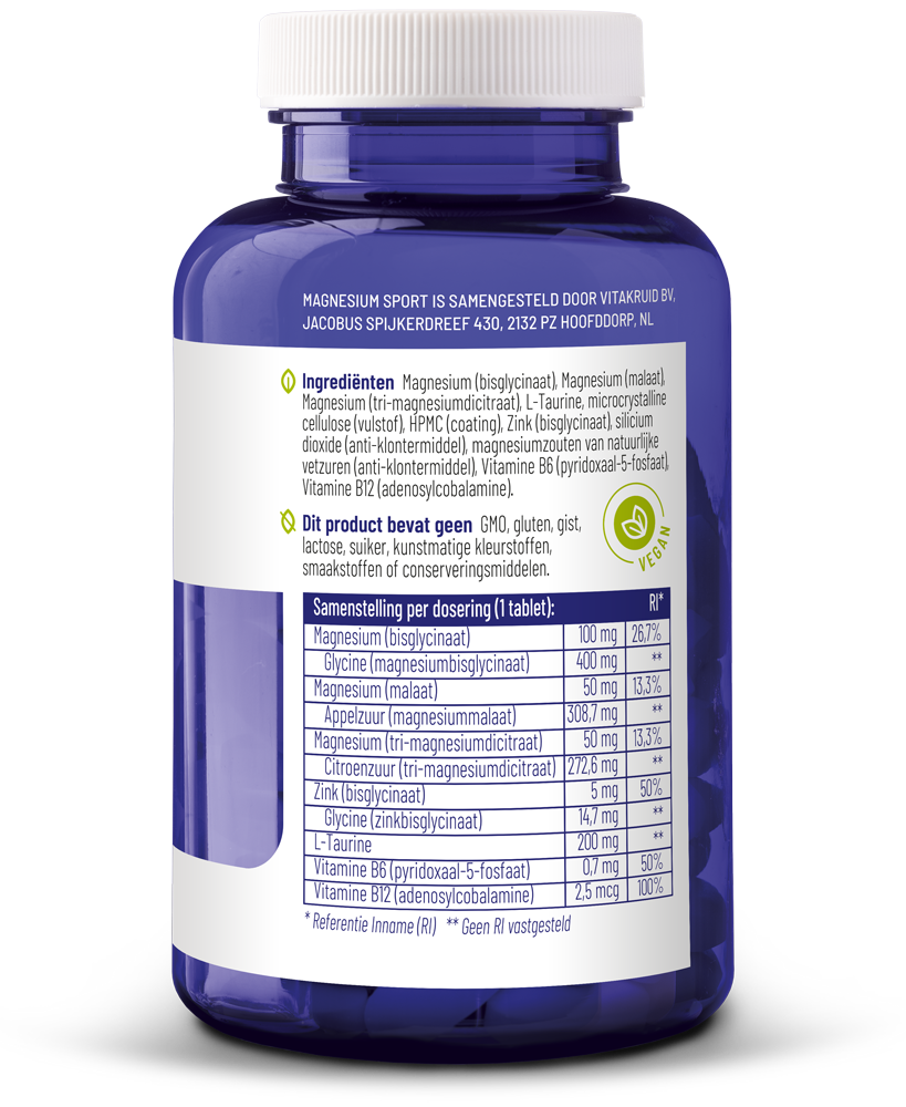 Vitakruid Magnesium sport bisglycinaat malaat tri-dicitraat 90.00 Tabletten