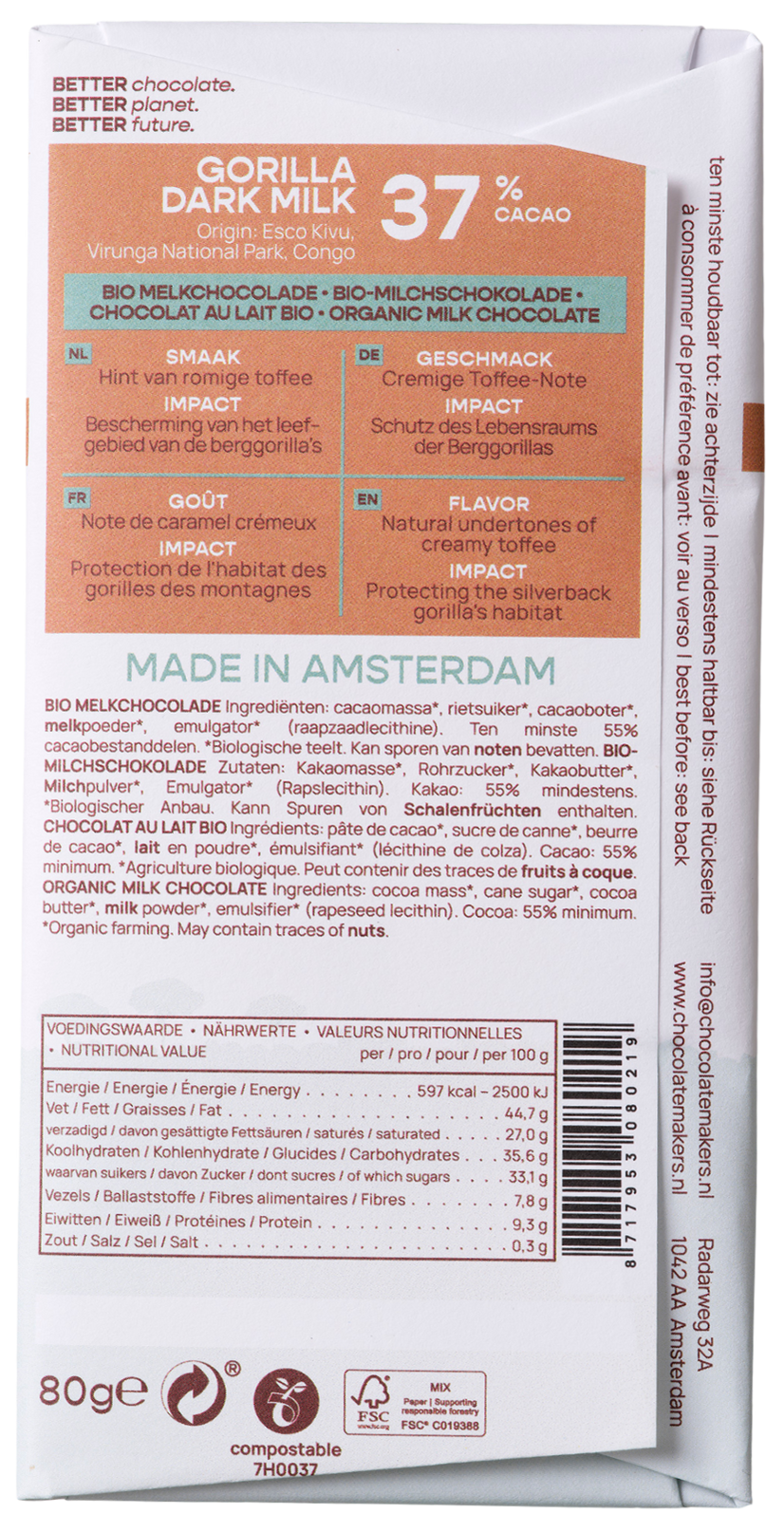 Chocolatemakers Gorilla melk 37% bio 80 Gram