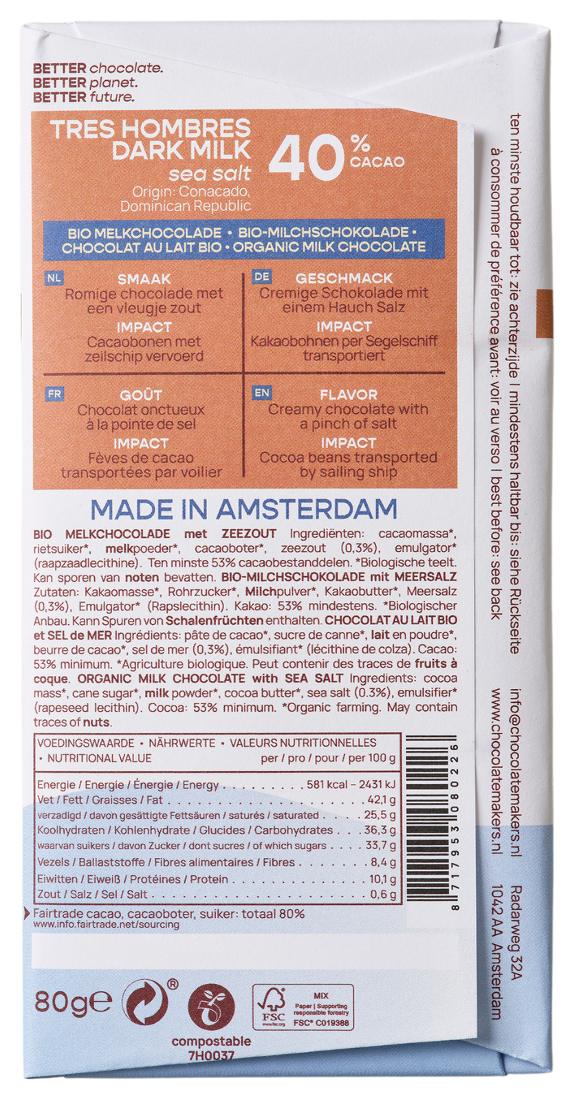 Chocolatemakers Reep tres hombres 40% melk  zeezout fairtrade bio 80.00 Gram