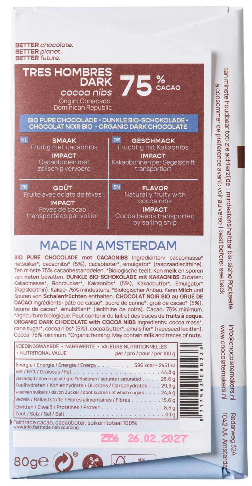 Chocolatemakers Reep tres hombres 75% puur met cacaonibs bio 80.00 Gram