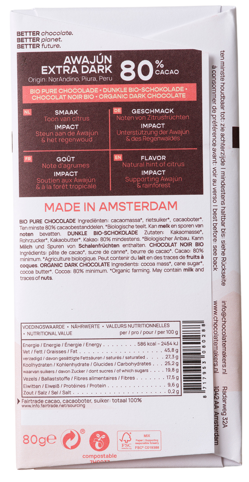 Chocolatemakers Awajun 80% puur fairtrade bio 80.00 Gram