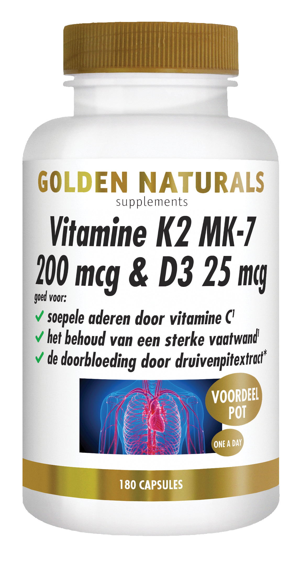 Golden Naturals Vitamine K2 MK-7 200mcg & D3 25mcg 180.00 Vegetarische capsules