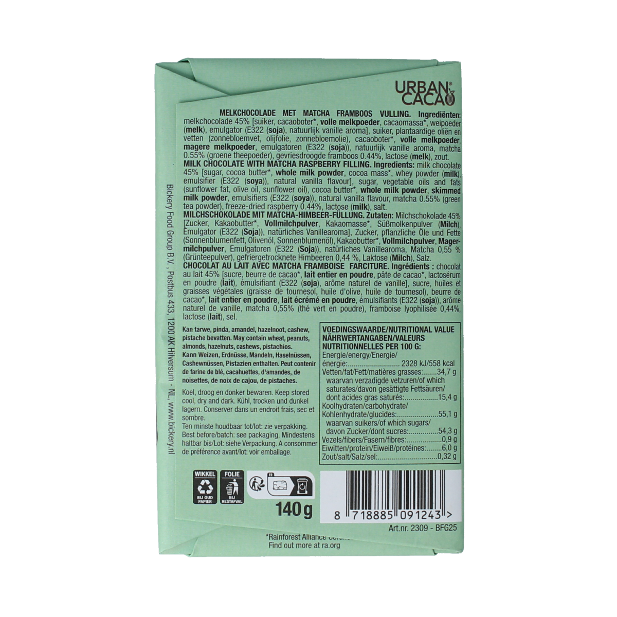 Urban Cacao Matcha framboos 140.00 Gram
