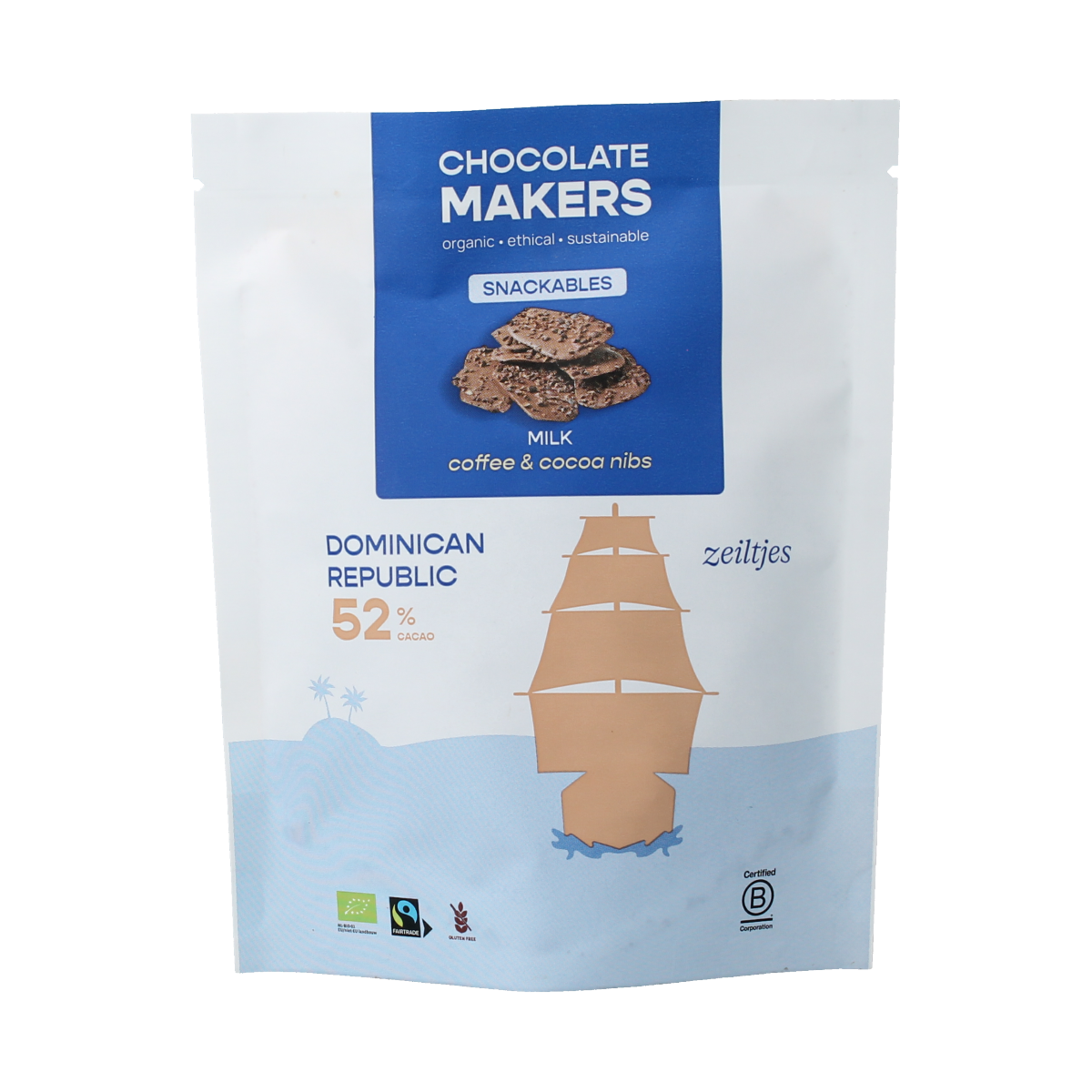 Chocolatemakers Zeiltjes melk 52% met cacaonibs & koffie bio 100.00 Gram