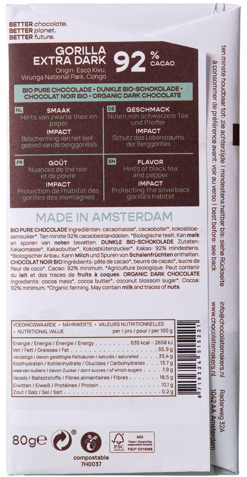 Chocolatemakers Gorilla extra puur 92% bio 80.00 Gram